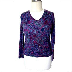 Jones New York - Women's XL Blouse Jewel Tone Paisley Knit Pullover Long Sleeve